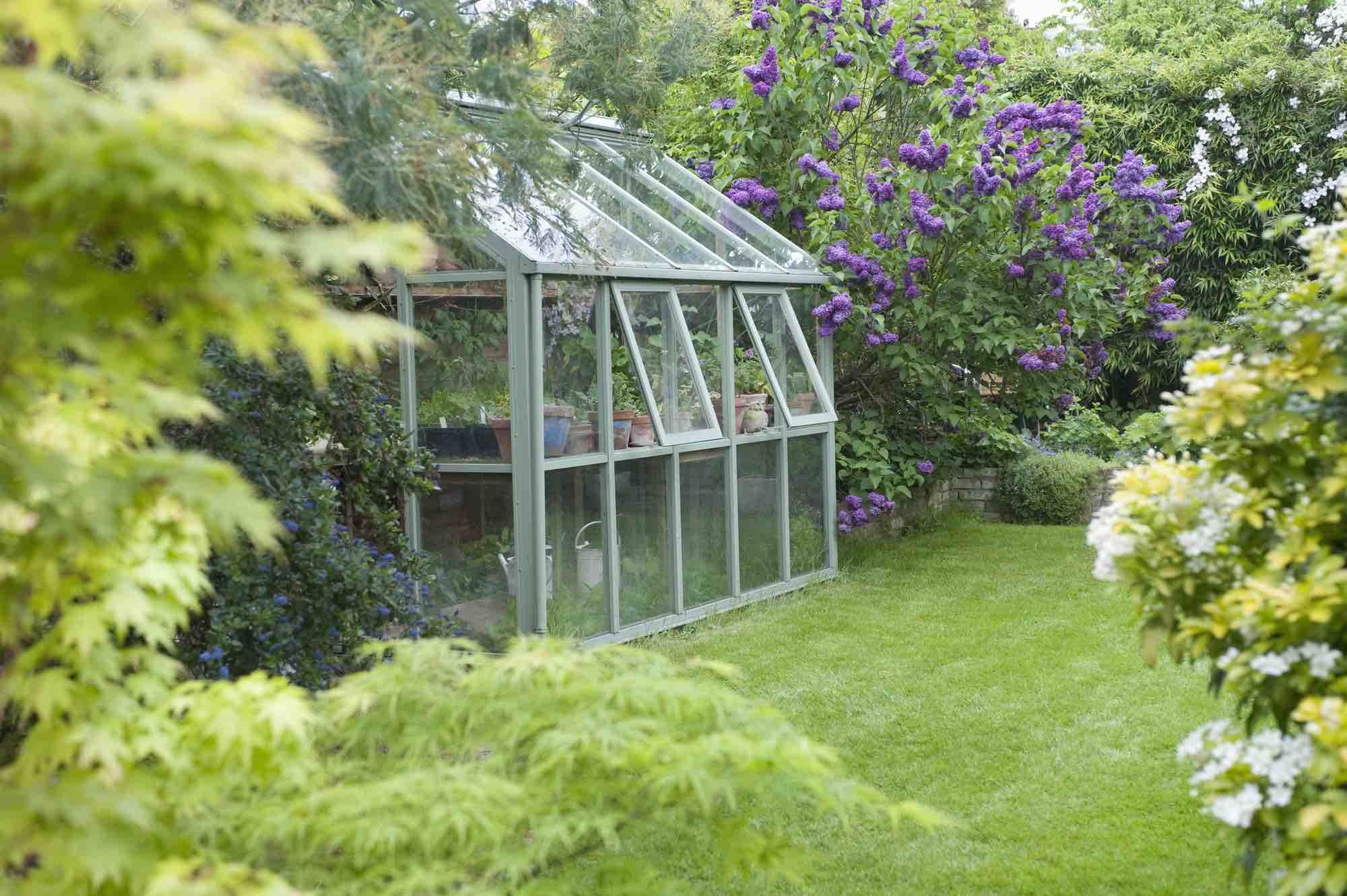 a wooden framed greenhouse in a garden