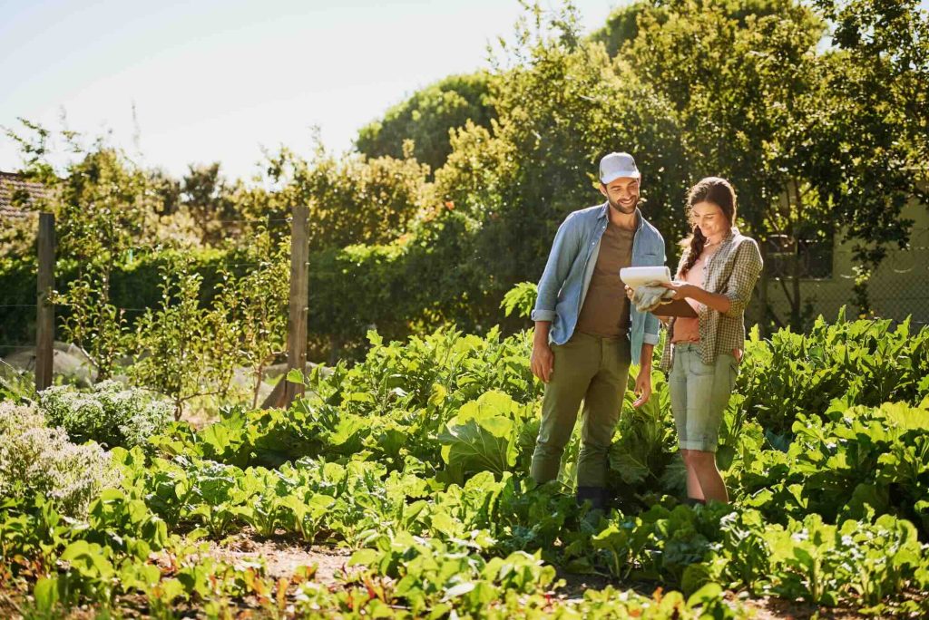 two people in a garden making notes